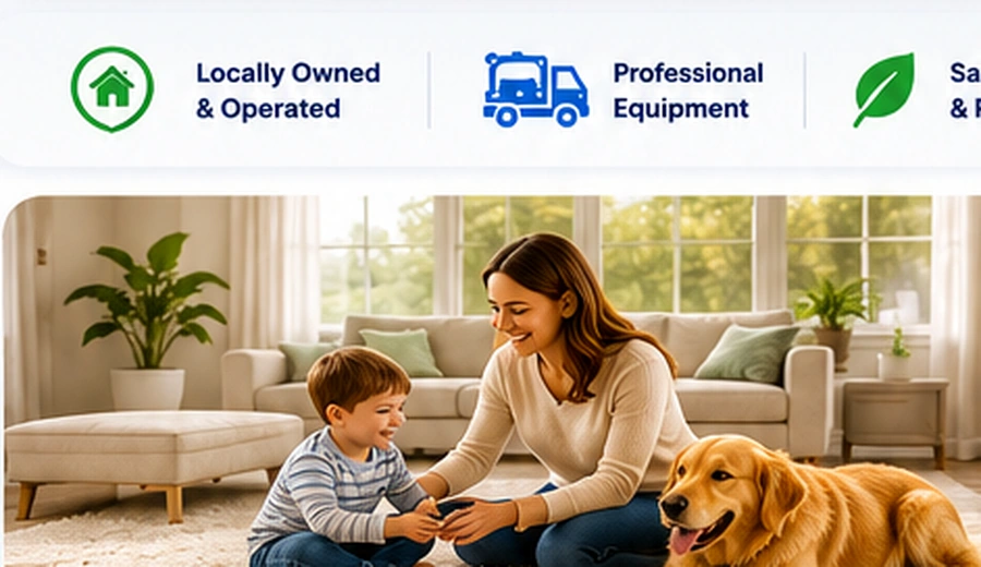 Mother playing with child on clean carpet with dog