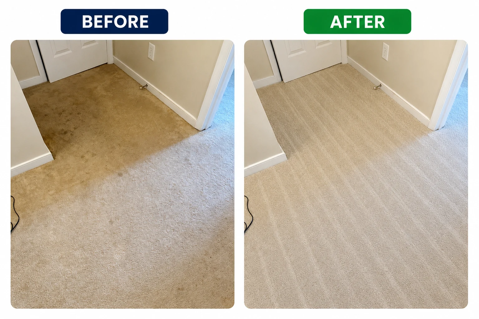 Hallway carpet cleaning before and after result with visible cleaning lines