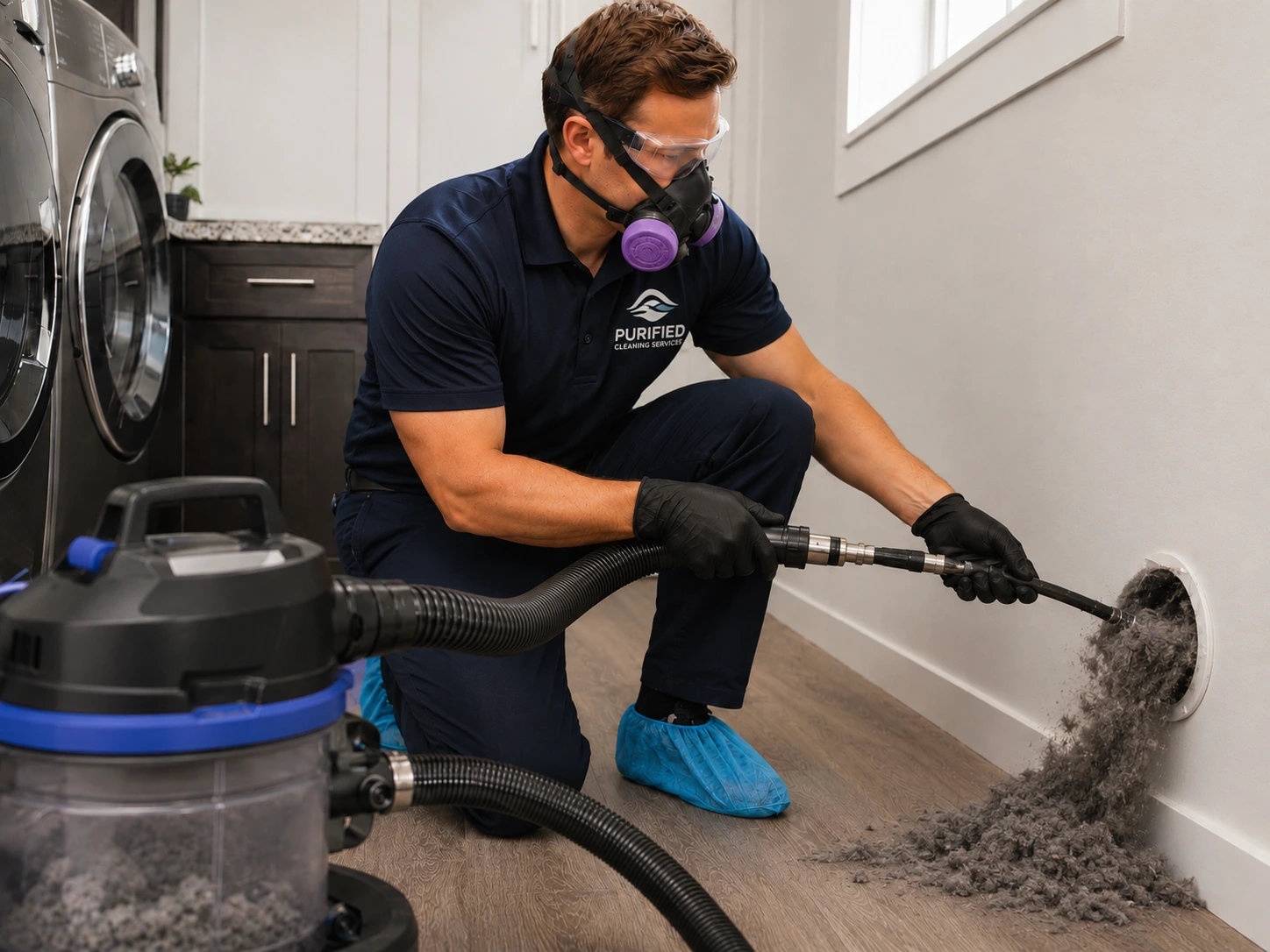 Professional dryer vent cleaning with lint removal equipment